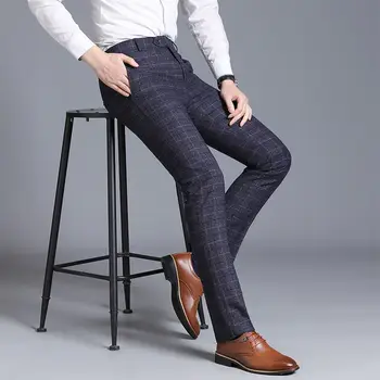 Мужские повседневные брюки с узкой сеткой, Корейская мода, классический стиль, прямые Деловые Офисные брюки в полный рост, мужская одежда A282