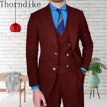 Торндайк Формальная мода Бордовые Приталенные Костюмы для мужчин, свадебный костюм жениха из 3 предметов, Смокинг 2022, новейший дизайн пальто и брюк