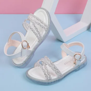 2023 Новая детская обувь со стразами, сандалии для девочек, летняя обувь, детские сандалии на плоской подошве от Princess Shoes для девочек от 3 до 12 лет