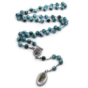 Ожерелье с подвеской QIGO Guadalupe, Цепочка из синих стеклянных бусин, четки, Религиозные украшения