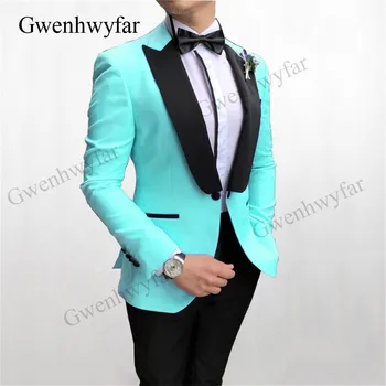 Мужские костюмы бирюзового цвета Gwenhwyfar 2020, новый стиль, мужская одежда для вечеринок на пуговицах, смокинги, блейзер с черными брюками, атласный лацкан