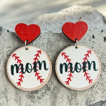 Новый Оригинальный Дизайн Софтбол Бейсбол Баскетбол Деревянные Висячие Спортивные Серьги для Подарка на День Матери Оптом Mom Wood Jewlelry