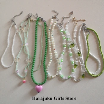 Корейское Модное Винтажное Милое Акриловое Розовое ожерелье с зеленым жемчужным сердечком, расшитое бисером, для женщин, Эстетические Ювелирные аксессуары Y2K EMO