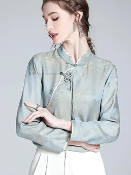 Новая атласная блузка в китайском стиле для женщин весной, национальная женская пряжка в стиле ретро, улучшенная жаккардовая ретро-блузка Чонсам