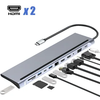 Адаптер-концентратор 12 в 1 Type-C USB 3.1 к Двойной HDMI-совместимой Док-станции HDMI 4K с Rj45 VGA Аудио SD TF PD для MacBook Pro