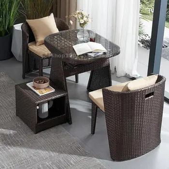 Маленький столик и стул для хранения на балконе, ротанговый стул, набор из трех предметов, комбинация стола и стула для отдыха на балконе, досуг на открытом воздухе