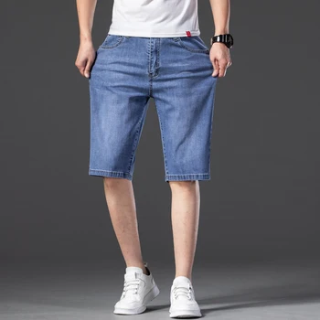 2023, Мужские хлопковые короткие брюки из тонкого денима с рюшами, Новые модные летние мужские повседневные короткие джинсовые шорты с низкой талией, стрейчевые брюки