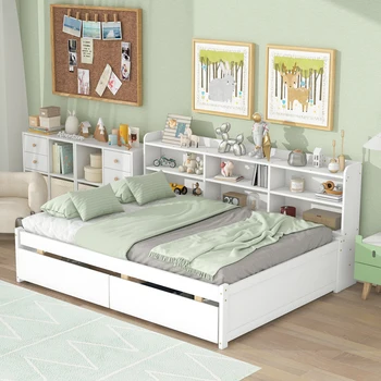 Полноценная кровать с боковым книжным шкафом, выдвижными ящиками, белая