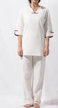 женский весенне-летний хлопчатобумажный и льняной костюм для йоги дзен-костюмы кунг-фу женская одежда для медитации с вышивкой hanfu униформа белого цвета