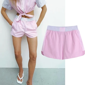 za 2021 новые модные весенние женские повседневные шорты с принтом в розовую полоску, декор карманов, спортивные шорты с эластичной резинкой на талии для фитнеса