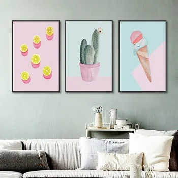 Прекрасный розовый кактус, настенные картины на холсте для гостиной, мультфильм, плакат с мороженым в скандинавском стиле, украшение детской комнаты