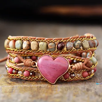Богемные Кожаные браслеты с оберткой в форме красного сердца для женщин, Плетеная 3-слойная кожаная цепочка ручной работы, модные ювелирные изделия
