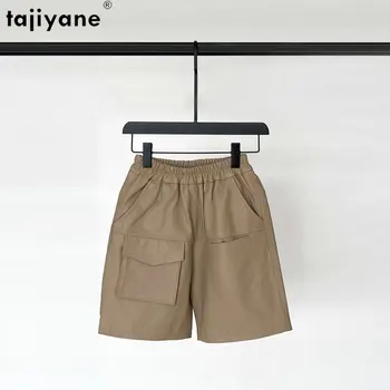 Женские шорты Tajiyane из натуральной кожи 2023, прямые короткие брюки из натуральной овчины, брюки в корейском стиле с эластичной резинкой на талии длиной до колен