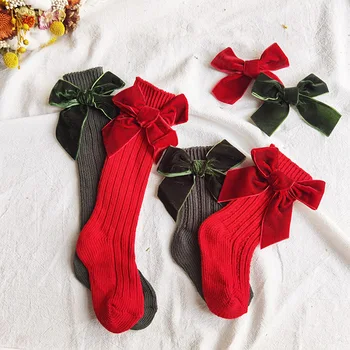 Детские бархатные носки принцессы с бантом в испанском стиле, детский красный рождественский чулок.Милый теплый шерстяной вязаный носок для малышей